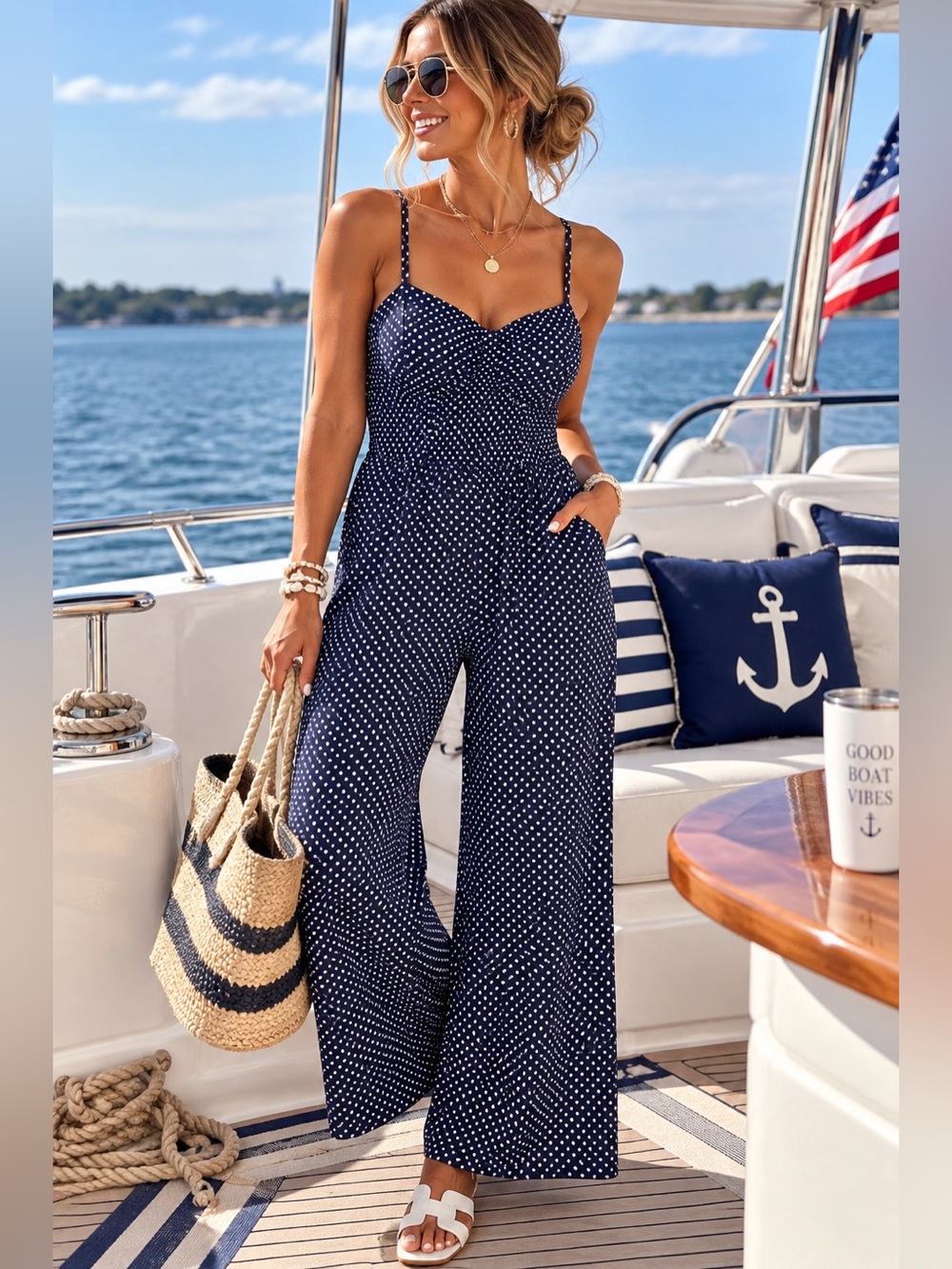 Navy & White Polka Dot Wide Leg Jumpsuit Romper Size Large
